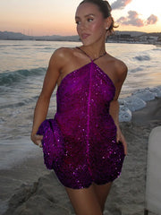 Beaded Halter Lace Up Tassel Mini Dress