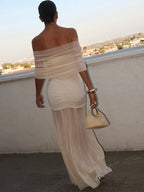 Patchwork Mesh Off Shoulder Midi Dress