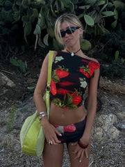 Floral Print Crew Neck Crop Tank Top Two Piece Shorts Set