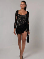 Corset Draped Square Collar Ruched Lace Dress