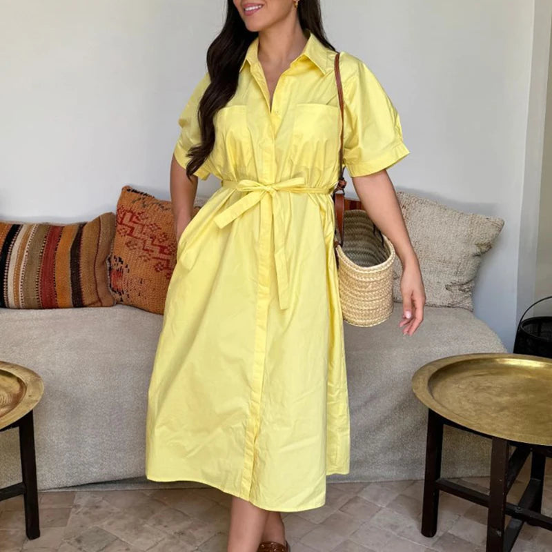 Lapel Tie Up Short Sleeve Single Breasted Long Work Dress