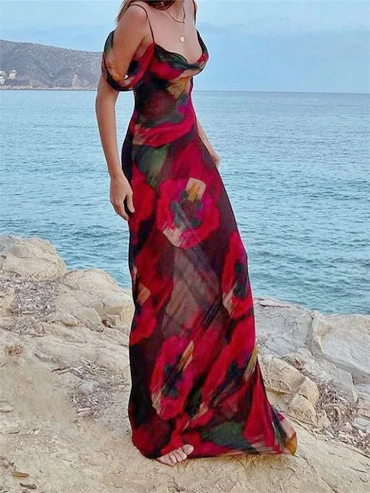 Print Mesh Pleated Off Shoulder Maxi Dress Main image