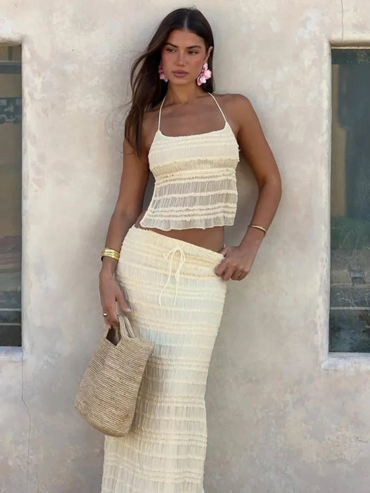 Chiffon Lace Halter Maxi  Long Two Piece Skirt Set Main image
