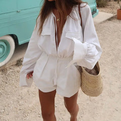 Cotton Linen Lace Up Pocket White Romper