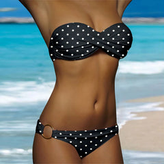 Ruched White Dot Print Two Piece Swim Sets
