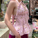 Y2K Floral Print Ruffled Hem Tie-Up Cami Top