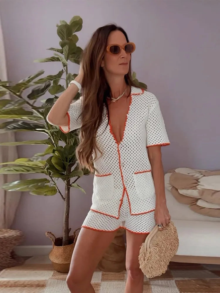Lace Up Lapel Shorts Knit Set Secondary image