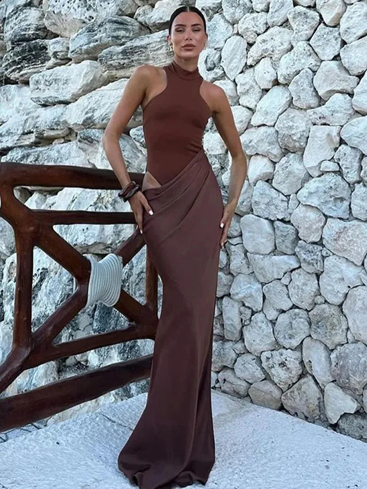 Satin Hollow Out Black Maxi Dress Main image