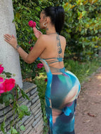Tie Dye Backless Cross Midi Dress