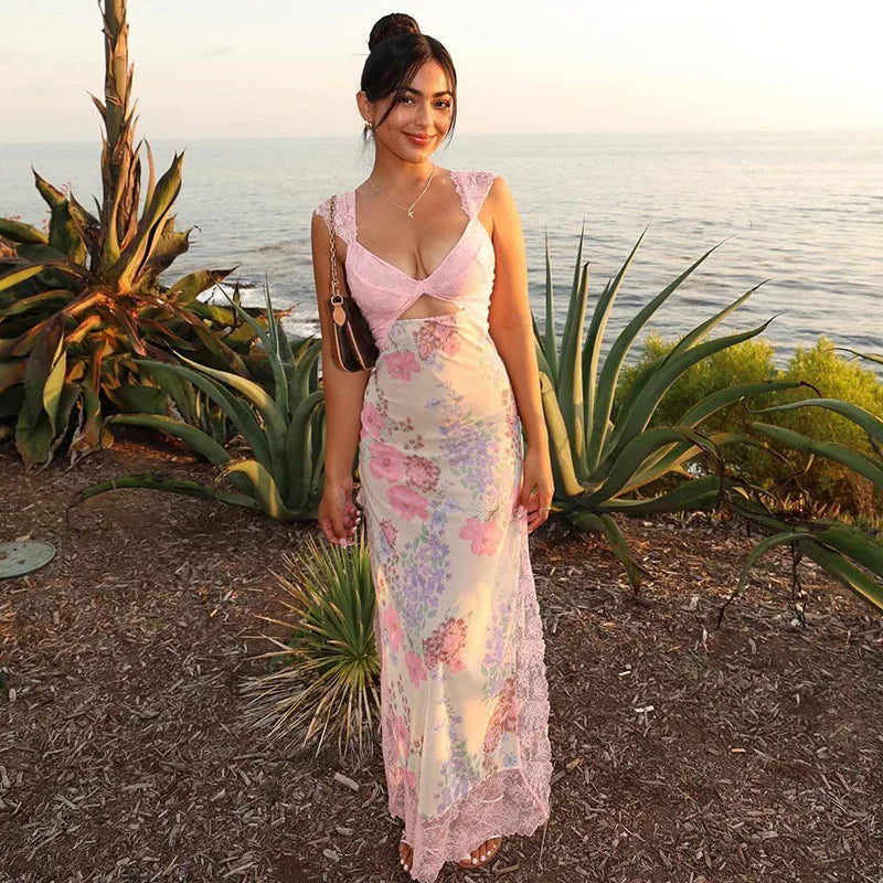 Lace Hollow Plunge Floral Dress Main image