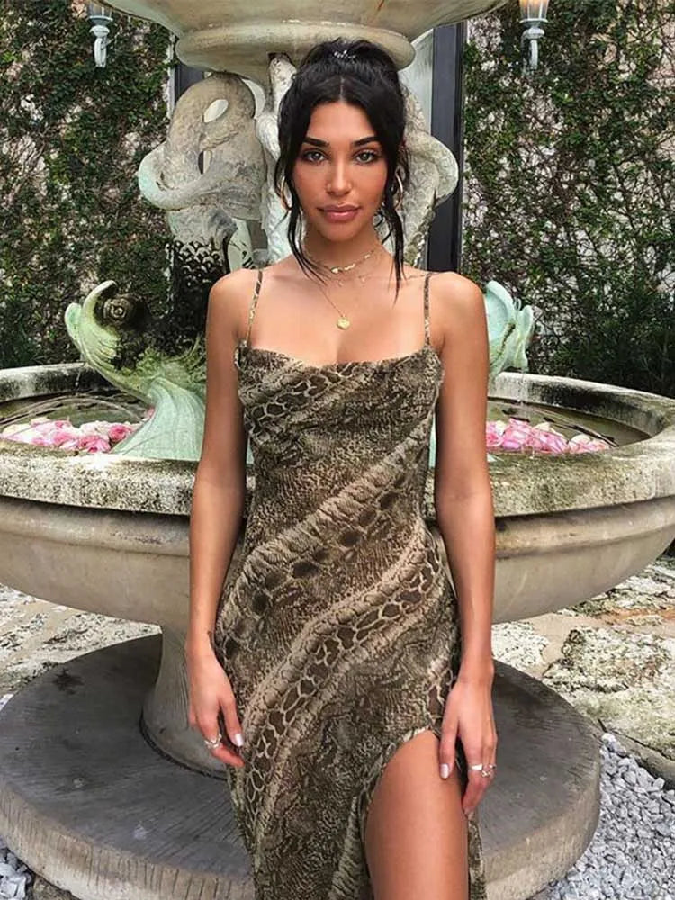 Snake Print Chiffon Sheer Strap Backless Slit Slip Dress Main image