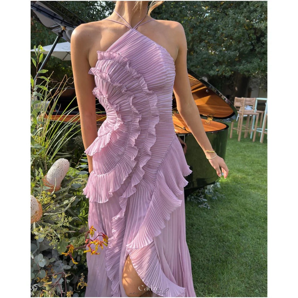 Purple Halter Pleated Prom Dress Main image