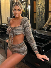 Stripe Knit Furry Soft Lace Crop Top Two Piece Shorts Set