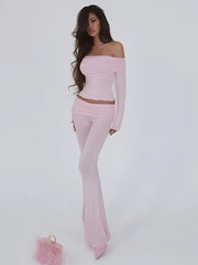 Off Shoulder Flare Pants Knit Set