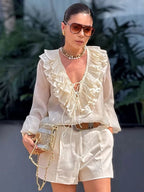 Fashion Solid V-neck Lantern Long Sleeve Blouse