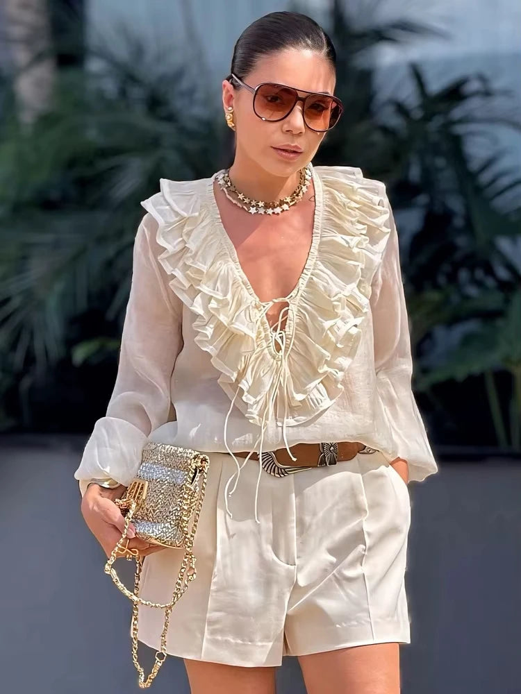 Fashion Solid V-neck Lantern Long Sleeve Blouse Main image