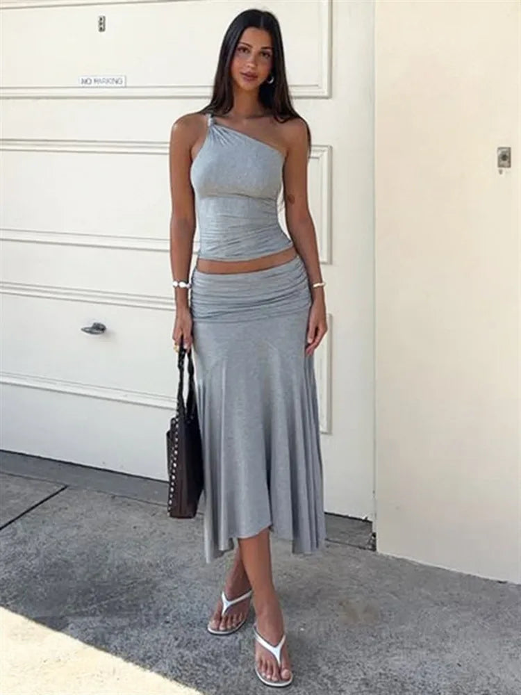 Fold Over One Shoulder Maxi Knit Set Main image