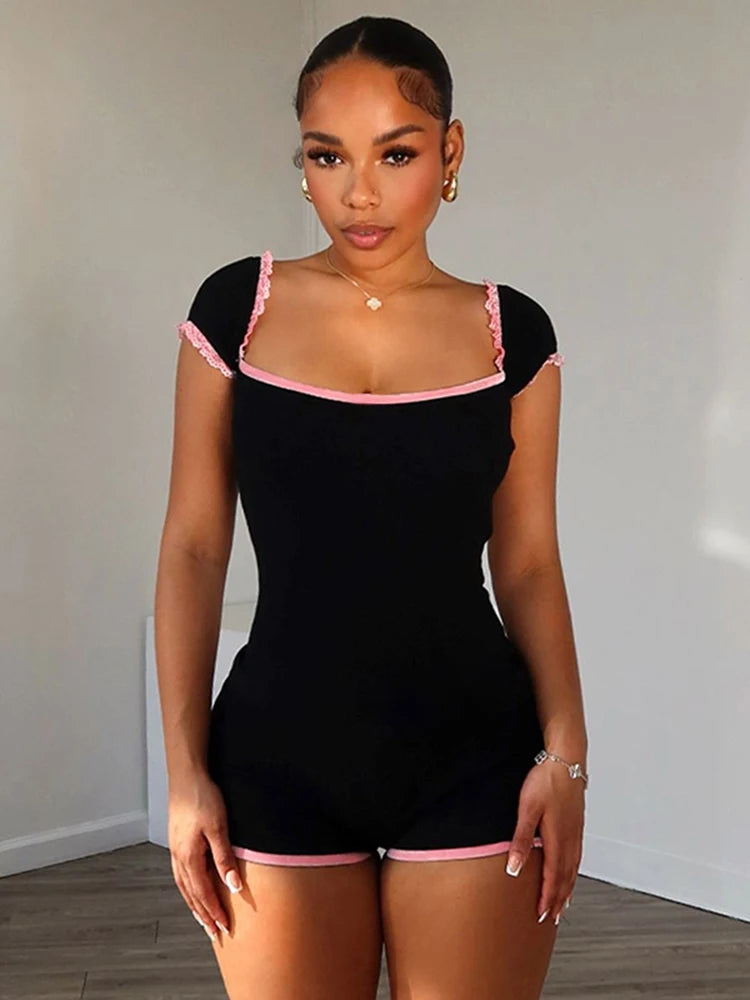 Patchwork Lace Trim Square Neck Romper Secondary image