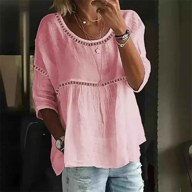 Hollow Out Splice Seven-quarter Sleeve Blouse