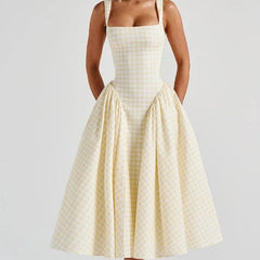 Lace-Up Plaid Sling A-Line Midi Dress