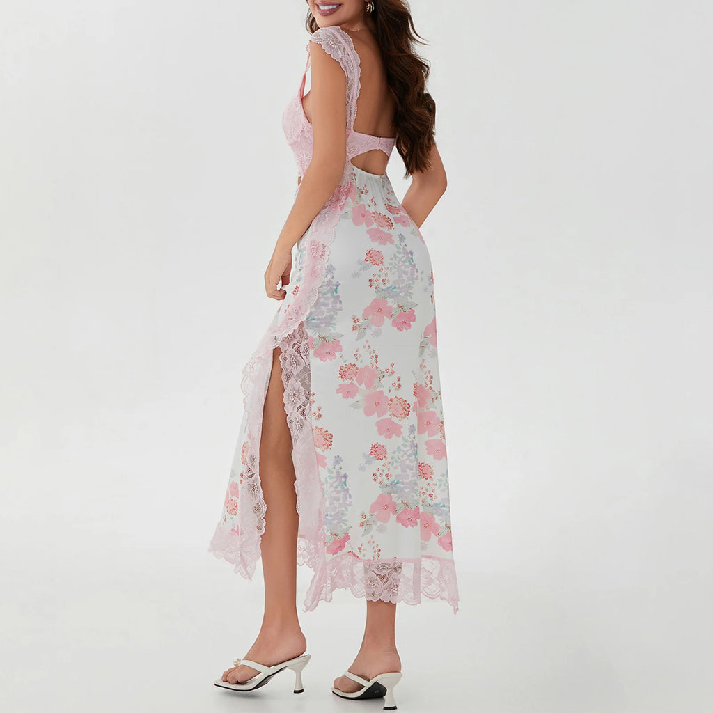 Lace Patchwork Slit Party Floral Dress