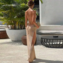 High Slit Knitted Suspender Maxi Dress