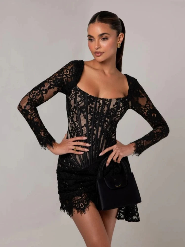 Corset Draped Square Collar Ruched Lace Dress