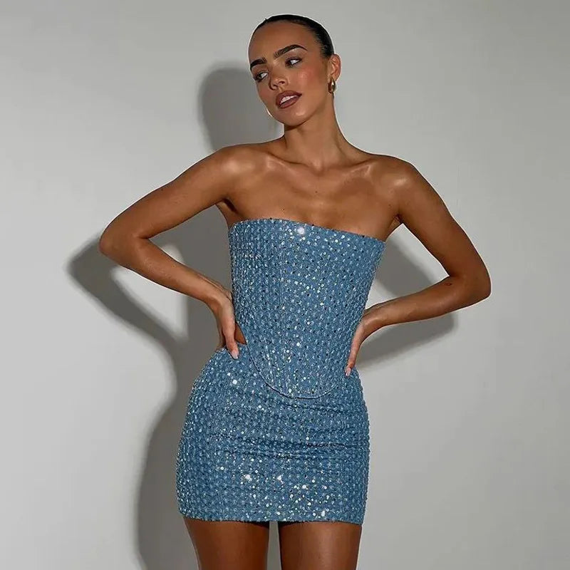 Blue Sequined Denim Strapless Mini Two Piece Skirt Set