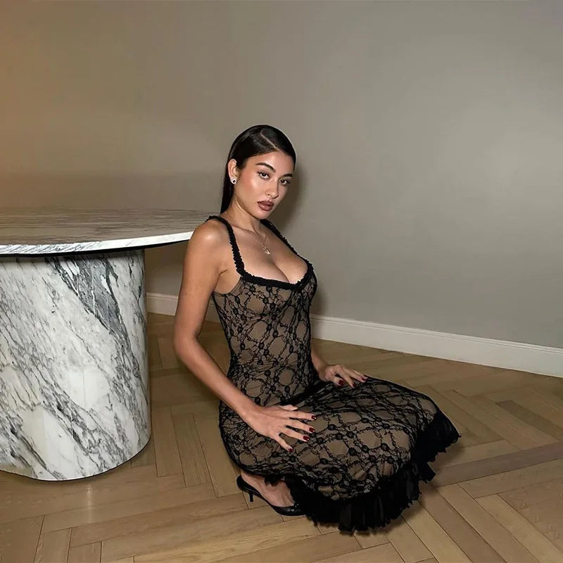 Mesh Lace Plunge Neck Midi Dress Main image
