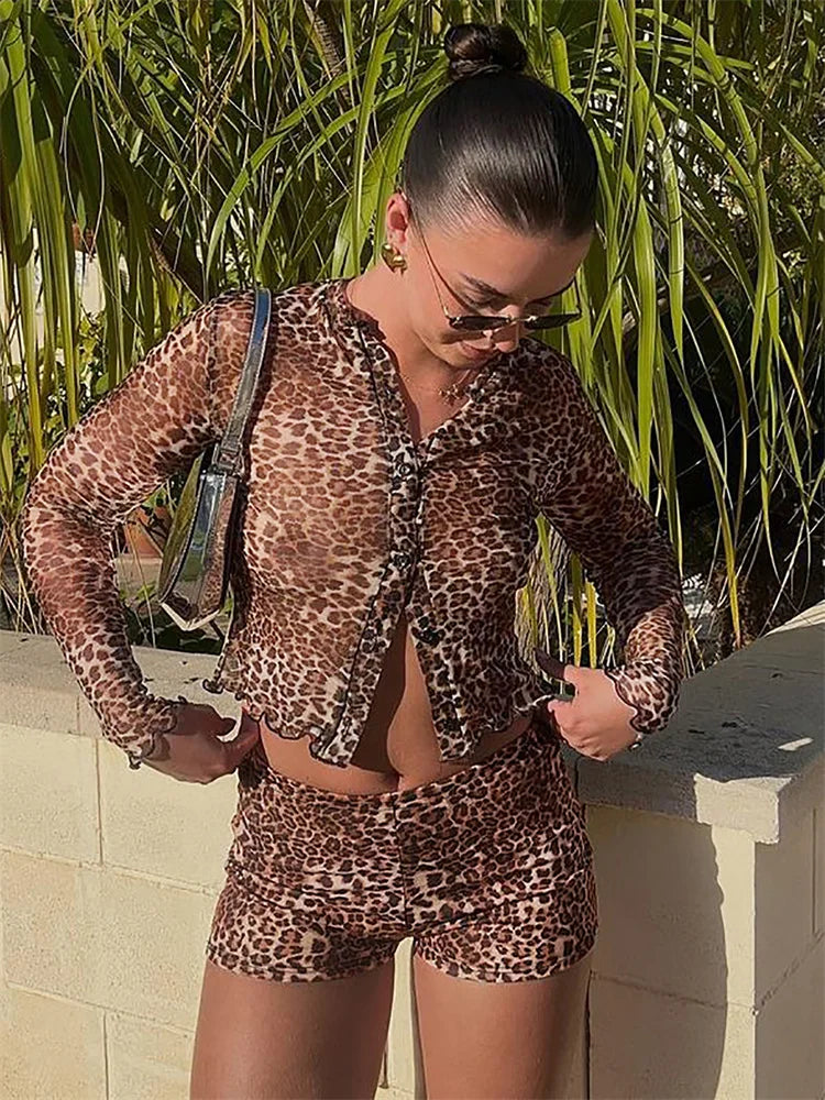 Leopard Print Single Breasted Crop Top Two Piece Shorts Set Secondary image
