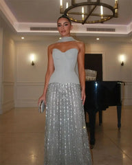 Beaded Strapless Sky Blue Maxi Dress