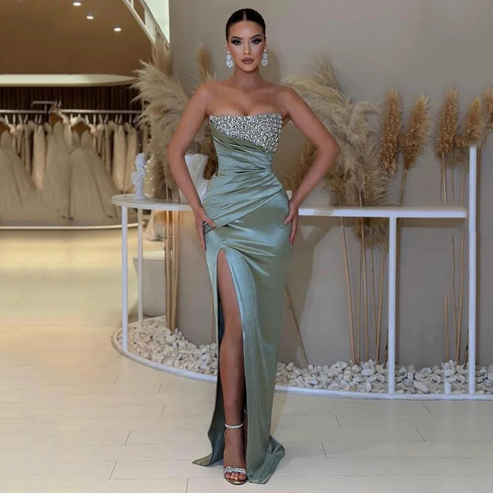 Ruched Satin Beading Prom Dress Main image
