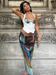 Lace-up Print Maxi Skirt Knit Set