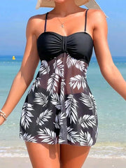 Short Dress Split Mesh Print Two Piece Swim Sets