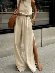 Cotton Linen Khaki Sleeveless Two Piece Pants Set