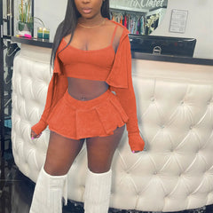 Ribber Pleated Vest Long Sleeve Super Mini Two Piece Skirt Set