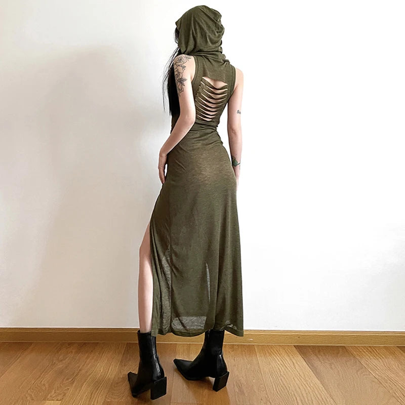 Hollow Back Slit Hooded Midi Dress Main image