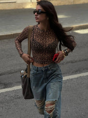 Leopard Printed Mesh Bodycon Long Sleeve Sheer Top
