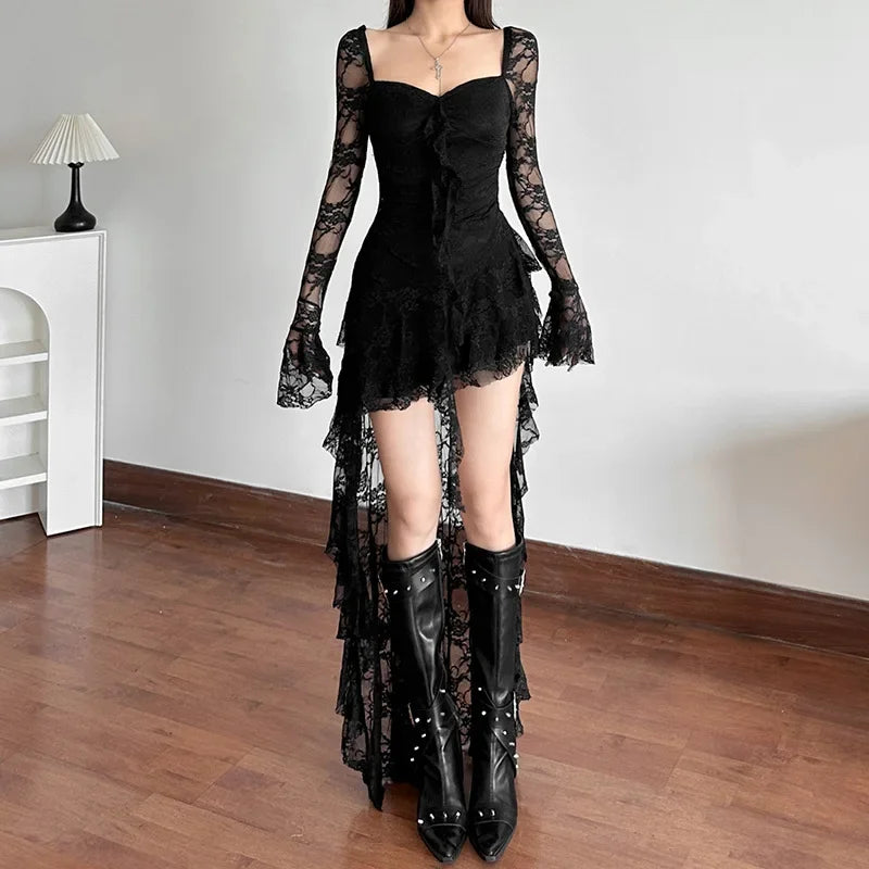 Flare Sleeve Square Neck A-Line Lace Dress