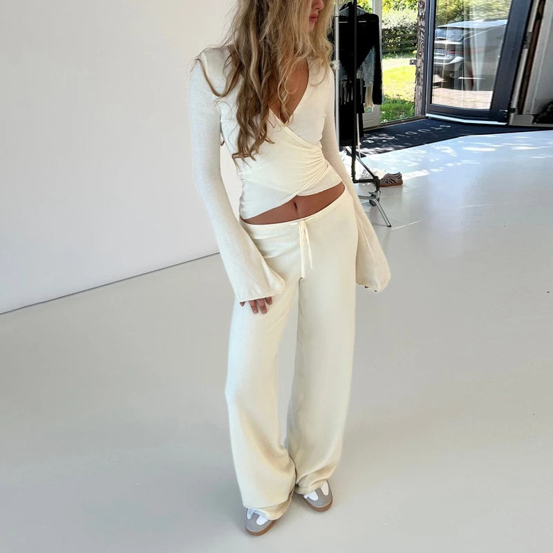 V Neck Tie Waist Two-Piece Set