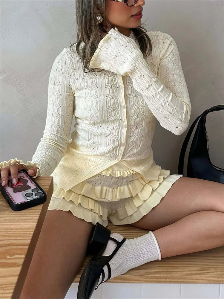 Hollow Out Knit Ruffle Cardigan Button Top Two Piece Shorts Set Main image