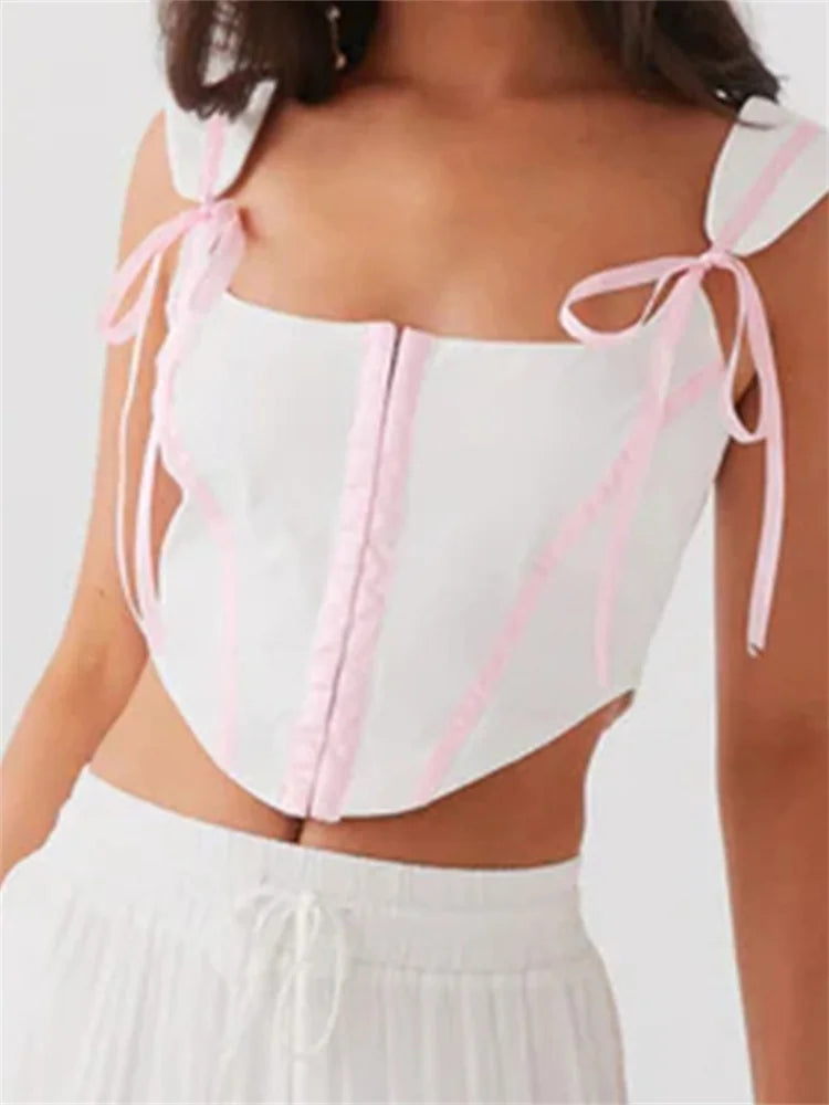 Sexy Summer Fashion White Sleeveless Tie-up Strap Front Zip Up Bow Square Neck Mini Vest Streetwear Crop Top