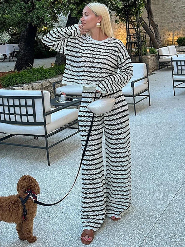 Hollow Striped Wide Leg Knit Set Main image