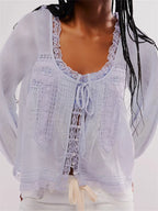 Women Long Sleeve Loose Casual Lace Patchwork Blouse