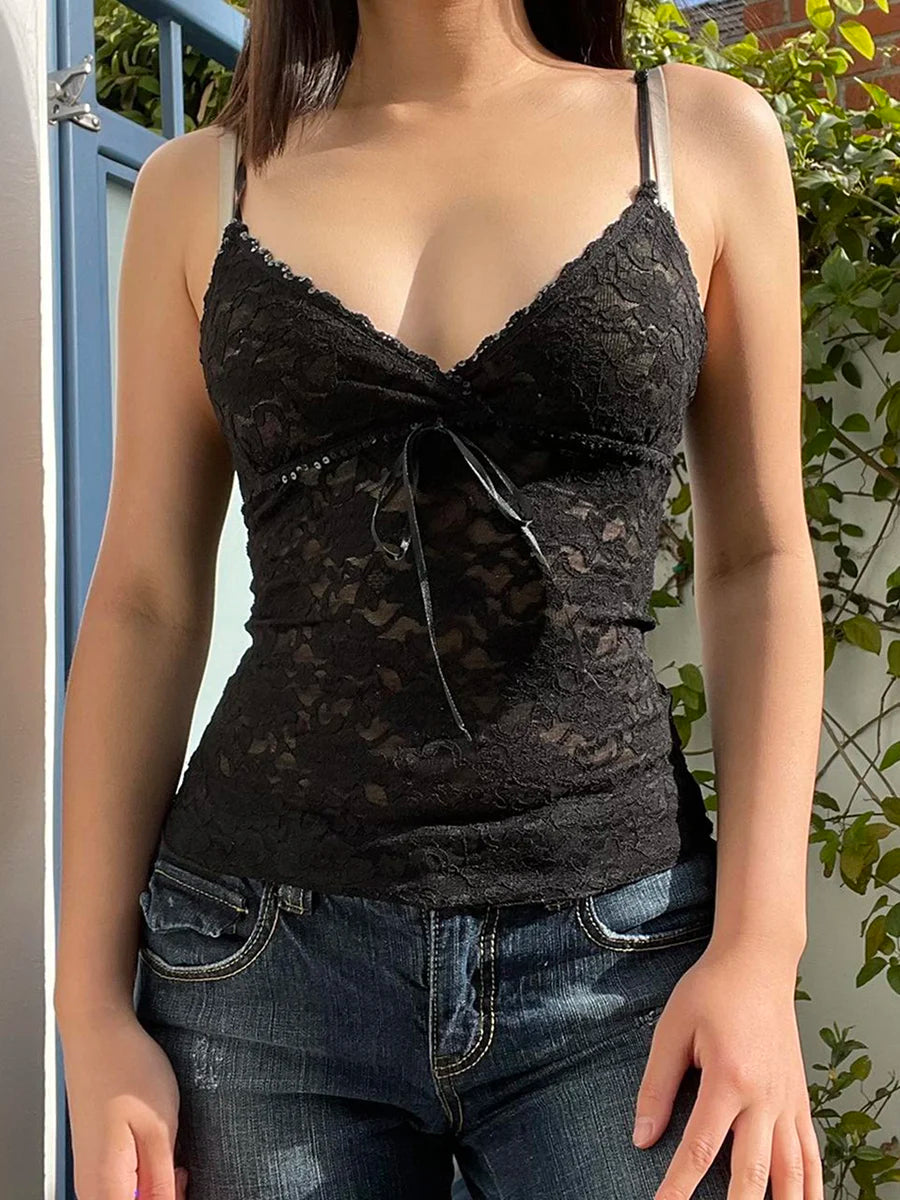 Black Lace V-Neck Cami Crop Top Main image