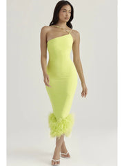 legant Spaghetti Strap Feather Midi Dress