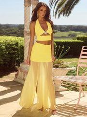 Halter Lace-up Yellow Knit Set