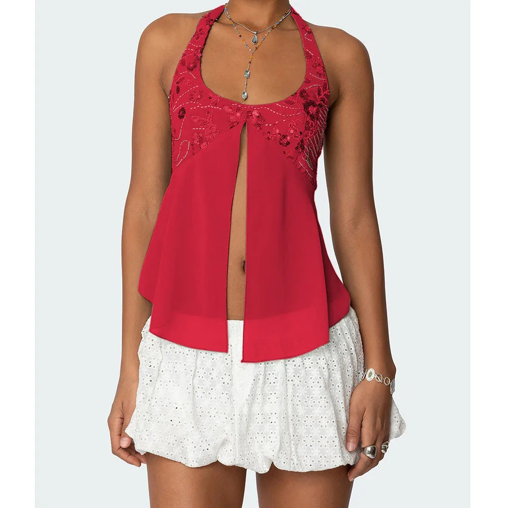 Pearl Embellished Sequins Halter Backless Cami Top