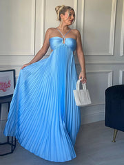 Pleated Blue Halter Maxi Dress