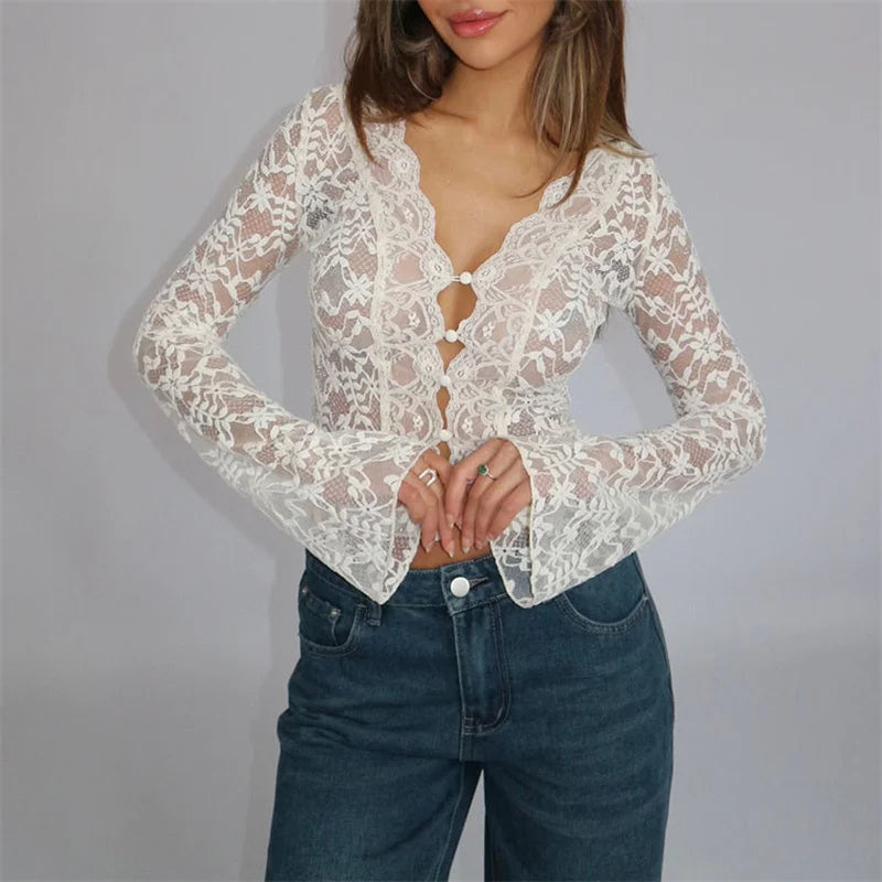 Floral White Lace Long Sleeve Sheer Top Main image